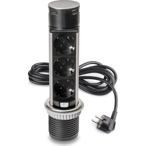 Emuca Multiconector extraíble Vertikal Push 60, diámetro 60mm, 3 enchufes tipo Schuko, 1 USB tipo A, 1 USB tipo C, Acero y Plástico, Acero inoxidable (1/5)