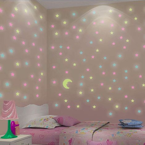 Sticker Luminiscent - Décalcomanie Murale Étoiles et Lune - Pour Mur ou Plafond Foncé - 52 Pièces (50 Étoiles + 2 Lunes) - PVC Non Toxique (1/5)
