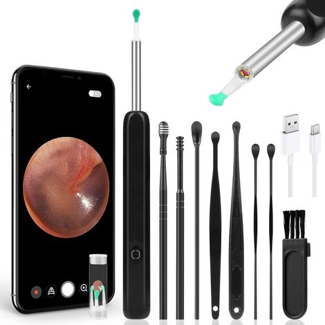 Otoscopio per la pulizia delle orecchie, kit con telecamera HD 1296P per la rimozione del cerume, 6 luci LED, strumento per la pulizia delle orecchie da 4,5 mm, compatibile con iOS e Android (nero)