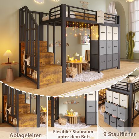 Lit mezzanine 90x200 cm en métal noir, avec tiroirs, penderie, garde-corps, échelle à rangements, sans matelas. (1/5)