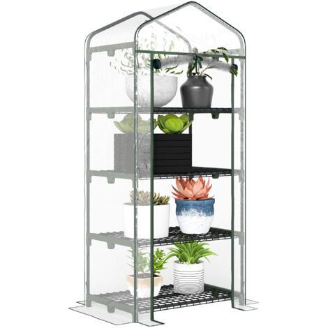 Outsunny Serre de jardin avec étagères 4 niveaux, serre de balcon, bâche renforcée PVC, châssis en acier, porte zippée, pour légumes plante fleurs, intérieur et extérieur, 70x50x160cm, transp (1/5)