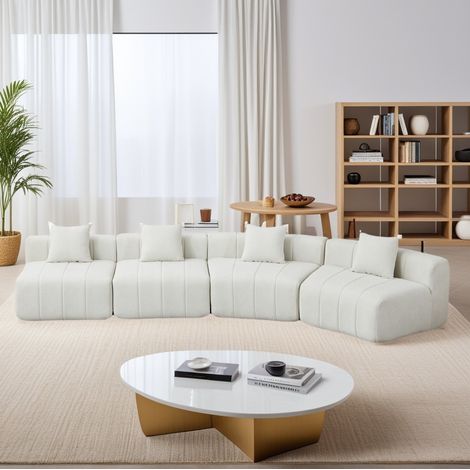 Divano modulare curvo in ciniglia 4 posti beige con 2 cuscini OKMYHOME