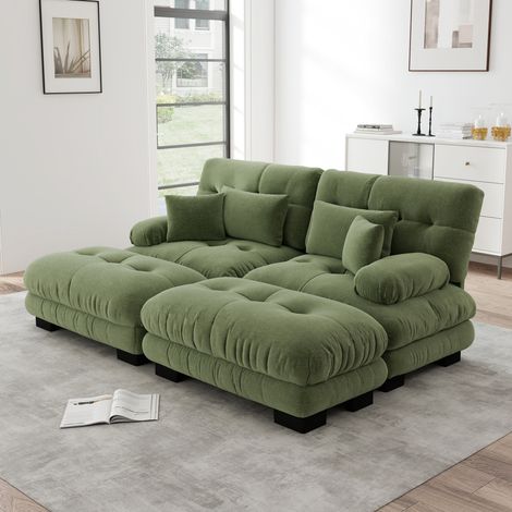 Divano modulare in chenille verde con 2 pouf mobili e cuscini lombari (1/5)