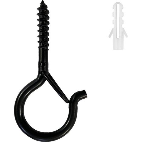 Lot de 6 crochets à visser pour plafond/mur avec fixations robustes en forme de Q pour suspensions de paniers de plantes, guirlandes lumineuses, lanternes, mangeoires à oiseaux – Noir (1/5)