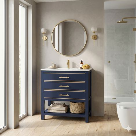 URBAN MEUBLE Meuble de Salle de Bain avec Vasque Céramique, 2 Tiroirs, Niche et Poignées Dorées (robinet non inclus) (1/5)