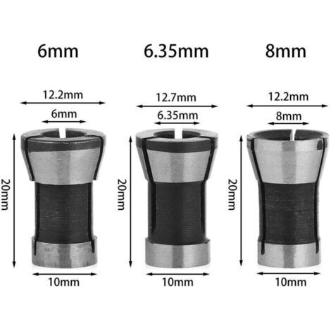 Ensemble de trois adaptateurs de clip de défonceuse (6 mm, 6,35 mm, 8 mm), adaptés au travail du bois et aux défonceuses électriques.