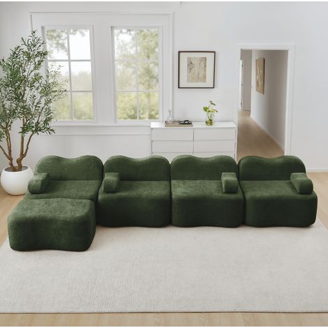 Canapé d’angle modulaire 384x167x70 cm vert en velours avec ottoman et assise profonde (1/5)