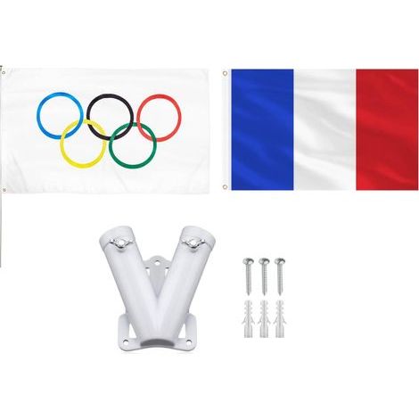 Drapeau olympique + drapeau français + support de mât double, support de drapeau mural en alliage d'aluminium robuste en forme de V, support de drapeau coupe-vent (1/5)