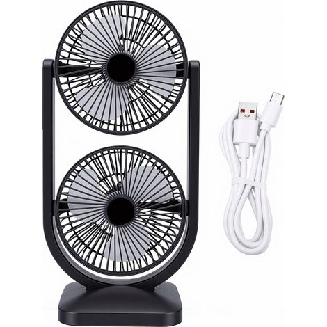 Ventilateur double tête 2 en 1 rechargeable par USB, 3 vitesses de ventilation, format tour compact, idéal pour la maison et le bureau (gris). (1/5)