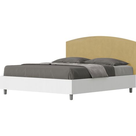 Letto matrimoniale e rete 160x190 in legno bianco e testata in microfibra ocra Antilia (1/4)