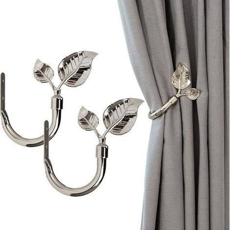 Ganchos laterales de metal con forma de hoja, aptos para cortinas y revestimientos de paredes (plateados, juego de 2). (1/5)