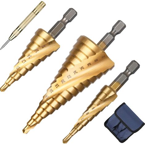 3-teiliges Spiralbohrer-Set – Titanbeschichteter HSS-Stufenbohrer, 4-12/20/32 mm – inklusive Körner und Spiralbohrer – für Stahl, Messing und Holz (1/5)