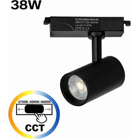 Spot LED pour Rail Monophasé 38W CCT 2700K-4000K-6000K Orientable Noir
