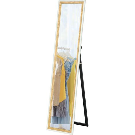 Miroir de sol pleine longueur 157x37 cm blanc - Cadre effet bois, montage mural ou sur pied, design suspendu et inclinable