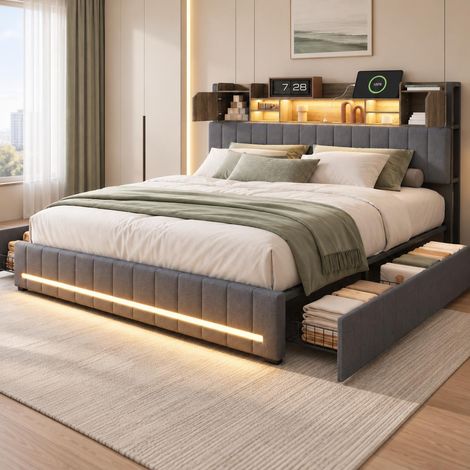 Cama canapé 160x200 cm con 4 cajones de almacenaje y luces LED RGB, Puerto USB Tipo C, Cabecero con estantes abiertos, tejido de lino, Gris (1/5)