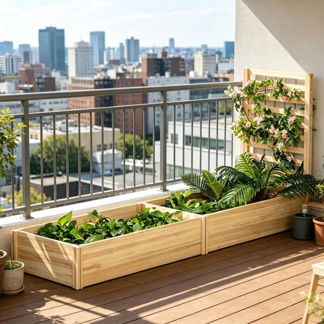 Bac à plantes en bois naturel avec grille 91x24x43 (1/5)