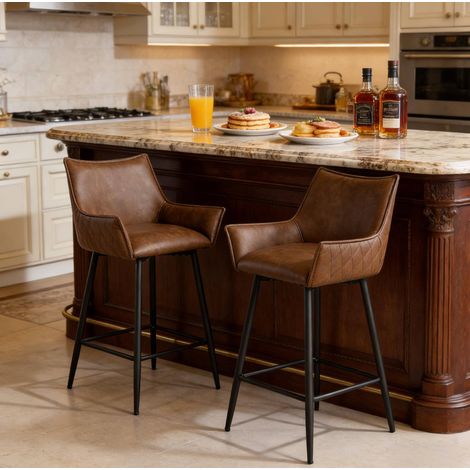 MEUBLIV Tabouret de bar 51x49x90 cm marron – dossier, accoudoirs, style vintage (1/5)