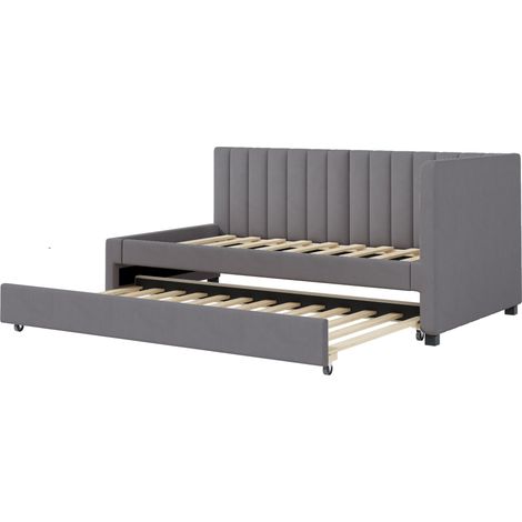 Cama nido 90x200 de terciopelo gris con somier de láminas MODENUIT (1/5)