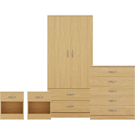 Riano 4 Piece Bedroom Set (1 Drw Bedside Chest, 5 Drw Chest, 2 Dr 2 Drw Wardrobe), Pine (1/3)