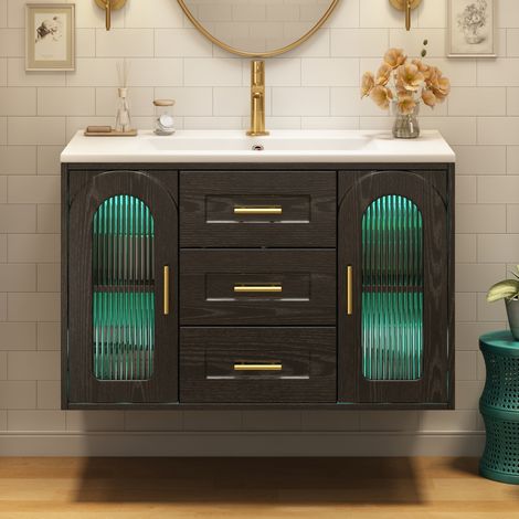 Meuble de salle de bain suspendu 76 cm avec vasque en céramique, LED, verre rainuré, MDF noir (1/5)