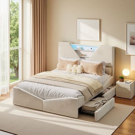 Doppelbett - Bett mit Stauraum 160x200 cm - Beige Samtstoff - Integrierte LED - 4 Schubladen, Lattenrost inklusive