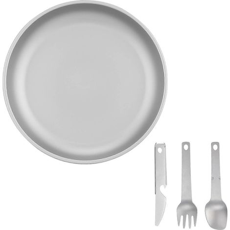 Campingteller mit 3-teiligem Set, integriertem Geschirr, Titanplatte, Grilltellern, Metall-Campingtellern.