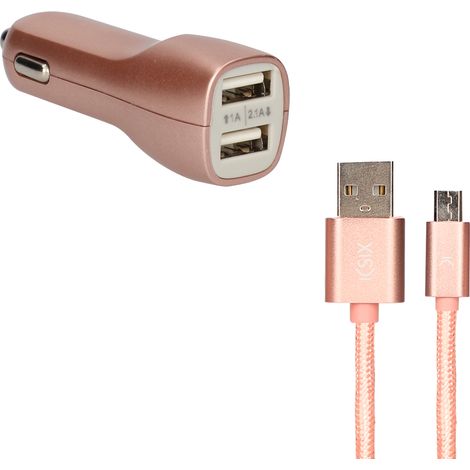 Chargeur Allume-cigare - KSIX - Métal - 2 Ports USB 2,1 A - Câble USB-Micro USB - Rose Gold (1/4)