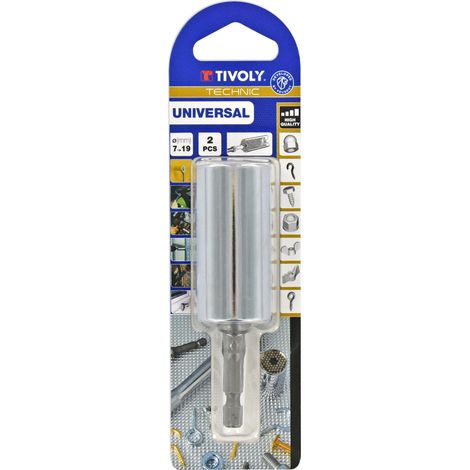 Tivoly • Kit pcs Douille Universelle + adaptateur hexa 6,35mm-carré 3/8'' - s'adapte à écrou et vis de 7 à 19mm (1/2)