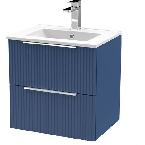 Tixall Fluted 2 Drawer Wall Hung Vanity Unit with Minimalist Basin, Satin Blue, 500mm (1/4)