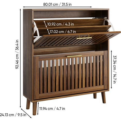 Meuble à chaussures en noyer 80 cm, style médiéval-moderne, autoportant avec 2 tiroirs abattants, idéal entrée & couloir – 1 pièce (1/4)