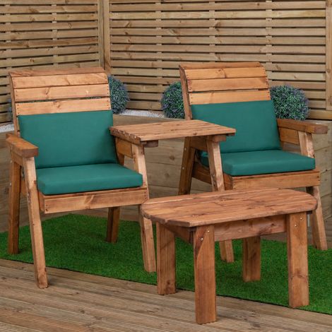 2 Seater Wooden Garden Furniture Set with Coffee Table & Green Cushions (1/5)