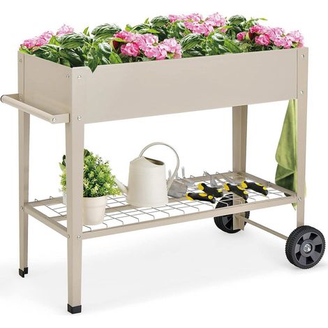 Jardinière surélevée 95 x 40 x 80 cm avec étagère de rangement haut espace 65L en métal blanc