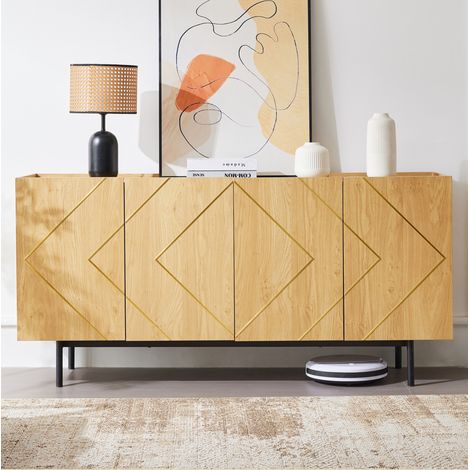 meuble rangement buffet 4 portes 160 cm bois naturel OKMYHOME