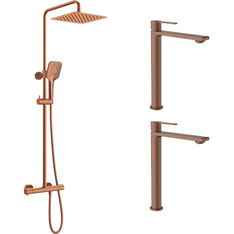 Ensemble 2 mitigeurs lavabo réhaussés + Colonne de douche Couleur Cuivre brossé (1/5)