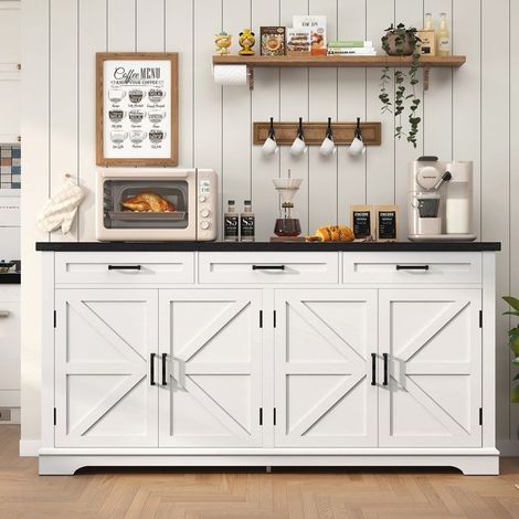 TEENFON Buffet mit 3 Schubladen, Küchenmöbel mit 2 Schränken, verstellbares Regal, 155x39.5x80cm, Weiß (1/5)