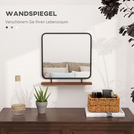 Miroir suspendu vintage avec tablette, cadre métallique et bois de paulownia, 55 x 55,5 cm, noir et bois