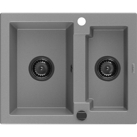 Mexen Carlos fregadero de granito 1,5 tazones 582 x 475 mm, gris, sifón negro - 6518581500-71-B (1/5)