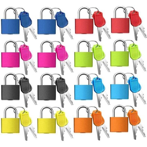 16er Set Mini Vorhängeschlösser mit Schlüssel, bunt, 34mm, für Koffer & Schränke