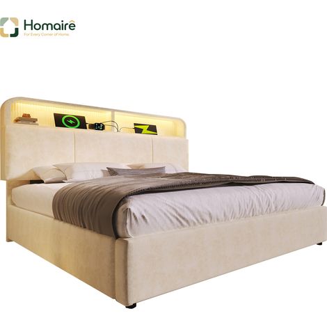 Cadre de lit en velours beige avec rangement et port USB 211 x 165 x 110 cm HOMAIRE (1/5)