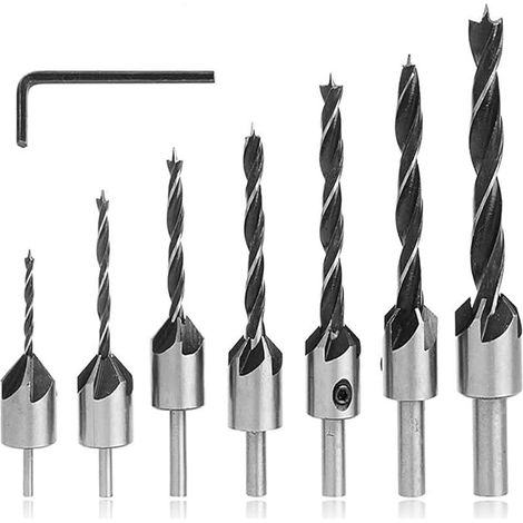 7pcs Foret Bois avec Fraise en Acier, Foret Fraisé à Chanfrein Conique 5 Flûte Alésoir de Menuiserie Hélicoïdal, Mèche à Fraiser avec Clé Hexagonale Outil Chanfreinage pour Bois (3-10mm) (1/5)