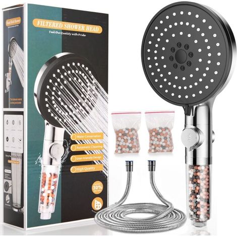 YMYNY 5-in-1 Wassersparender Handbrausekopf mit Filter, 5 Strahlarten, Hochdruck (mit 1,5 m Schlauch und Ein-/Aus-Knopf), 8 l/min (1/4)