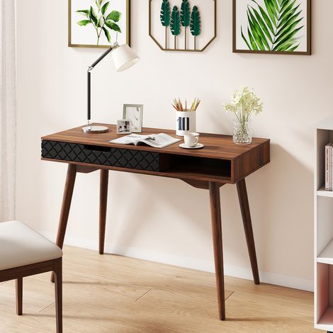 COSTWAY Mid Century Modern Computer Desk with Drawer and Open Compartment Rubber Wood Legs Brown (1/5)