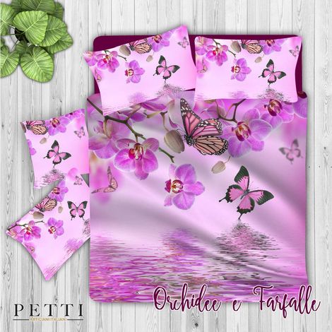 Housse de Couette, Lit (180x200), Orchidée et Papillon, Tissu 100% Satin Frais, 100% Made in Italy (1/2)