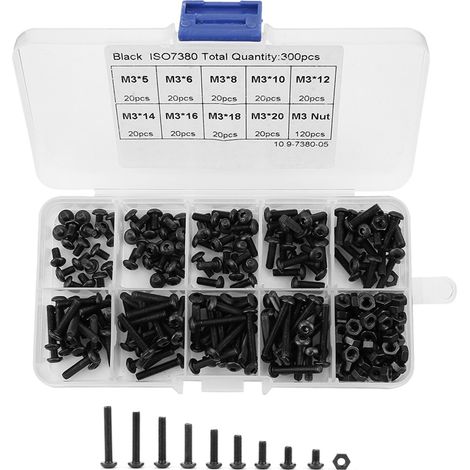 Kit d'assortiment de 300 vis, boulons et écrous à tête bouton hexagonale creuse M3 noirs, classe 10.9