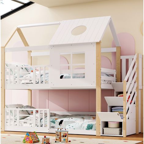 Etagenbett 253.5x95.5x206 cm Weiß+Natur aus Kiefernholz und MDF mit Aufbewahrungstreppe (1/5)