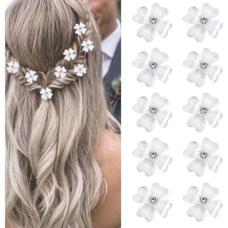 Lot de 10 épingles à cheveux, fleurs blanches strass, résine acrylique métal, chignon queue de cheval, mariage fête (1/5)