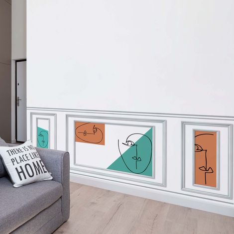 Papier peint boiserie trompe l'oeil, portrait minimaliste line art, 75 cm X 200 cm, panoramique. (1/4)