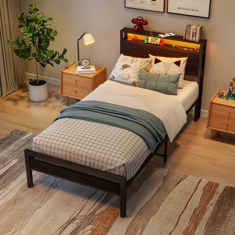 Lit 90x200 avec espace de rangement, cadre de lit en métal avec fonction de chargement USB et éclairage LED, lit coffre moderne avec étagère de tête de lit, lit junior/lit d'appoint (1/4)