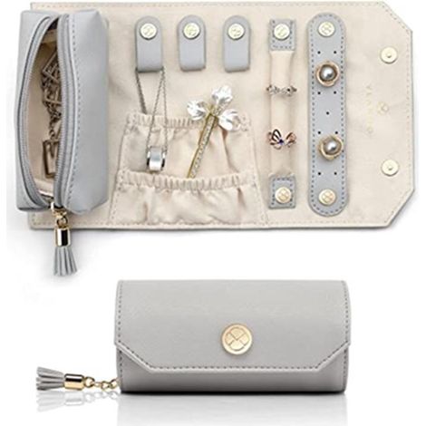 Écrin de voyage en velours gris violet, boîte de rangement portable pour bagues, boucles d'oreilles, colliers, bracelets et montres (1/5)
