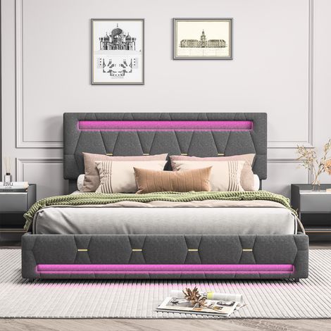 Letto matrimoniale imbottito 140x200cm, con illuminazione a LED, 4 cassetti, testiera regolabile in altezza, Letto Cassetti per camerette e stanze moderne,lino,grigio, senza materasso (1/5)
